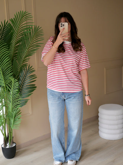 T-SHIRT NAEL BLANC RAYÉ FUSCHIA