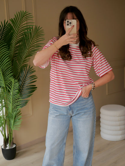 T-SHIRT NAEL BLANC RAYÉ FUSCHIA
