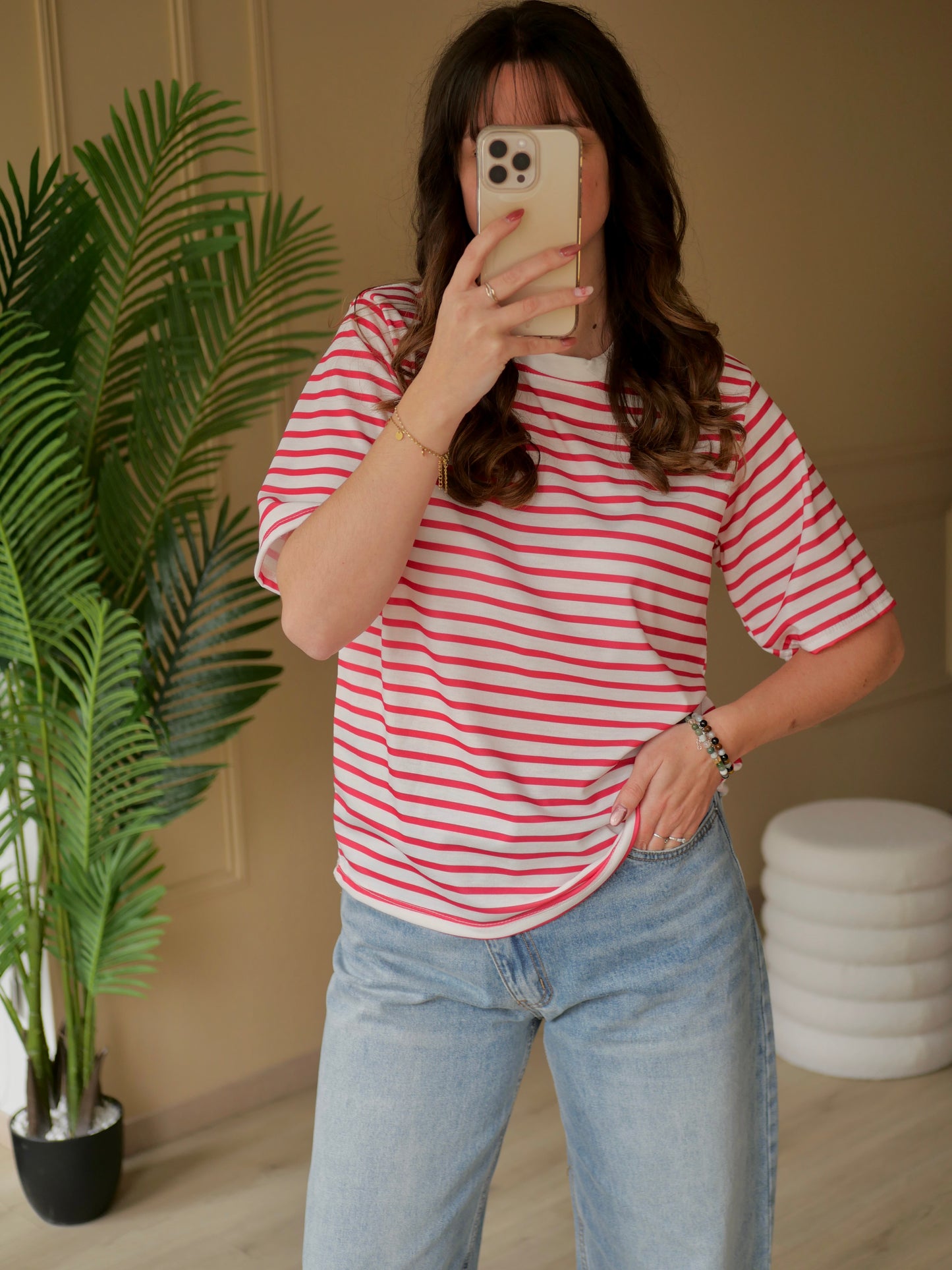 T-SHIRT NAEL BLANC RAYÉ FUSCHIA